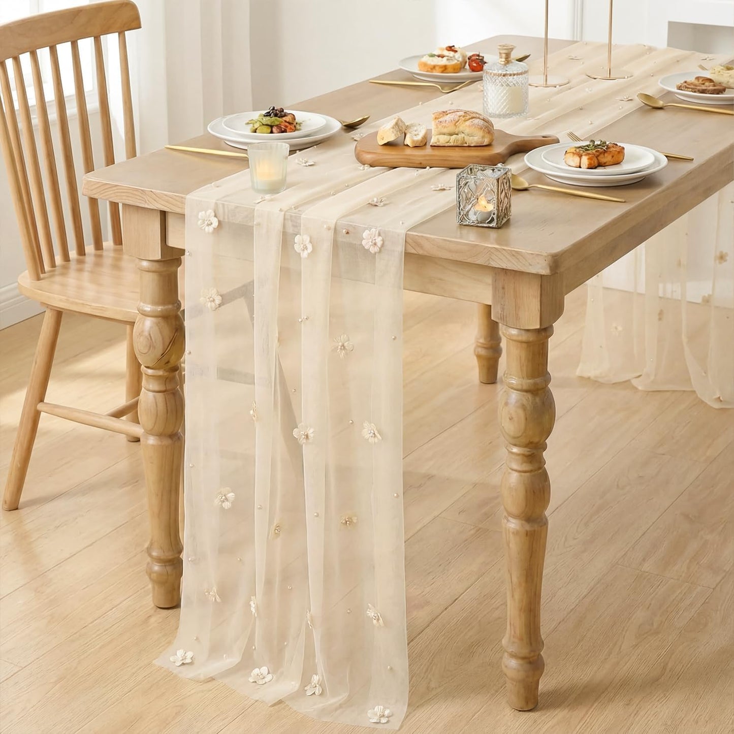 Artoid Mode Flower Pearl Peach Gauze Table Runner 10FT, Seasonal Sheer Dining Holiday Wedding Birthday Baby Shower Table Decor for Home Party