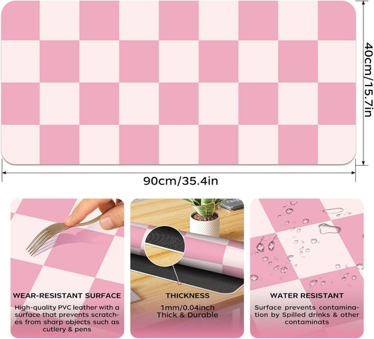 BLESWIN Large Desk Mat with PU Leather 35.4" x 15.7", Non-Slip Office Desk Pad, Waterproof Desk Writing Pad for Office and Home (Pink Plaid, 35.4 x 15.7 in)