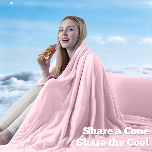DOWNCOOL Cooling Comforter Queen Size, Lightweight Blanket for Hot Sleepers with Cooling Pillowcases, 3-Piece Bedding Set for Night Sweats & Moisture-Wicking Quick-Dry Fabric, Pink 90″x90″