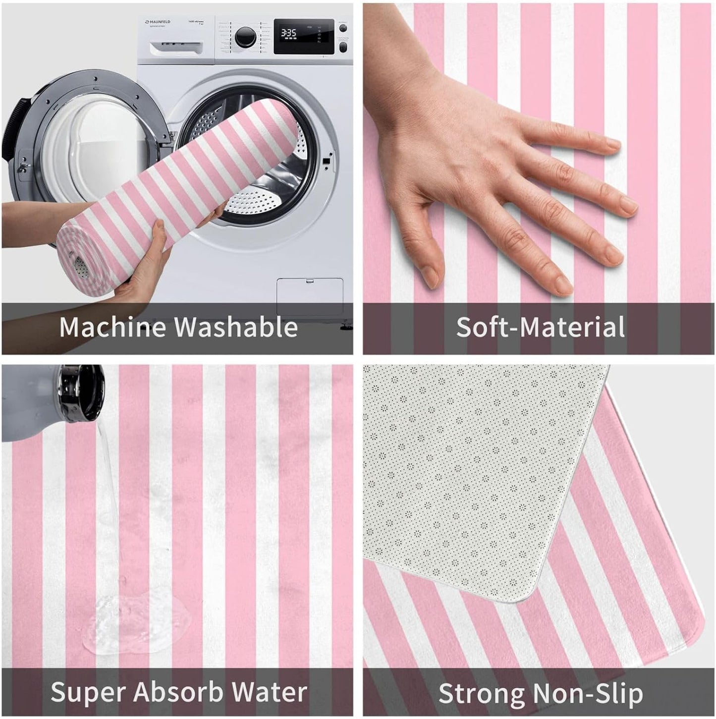 Soft Pink and White Stripes Bath Mats for Bathroom Non Slip, Fluffy Absorbent Microfiber Bath Mat Washable, Aesthetic Bathroom Rugs, Bath Mat for Shower Sink 16x24 Inch