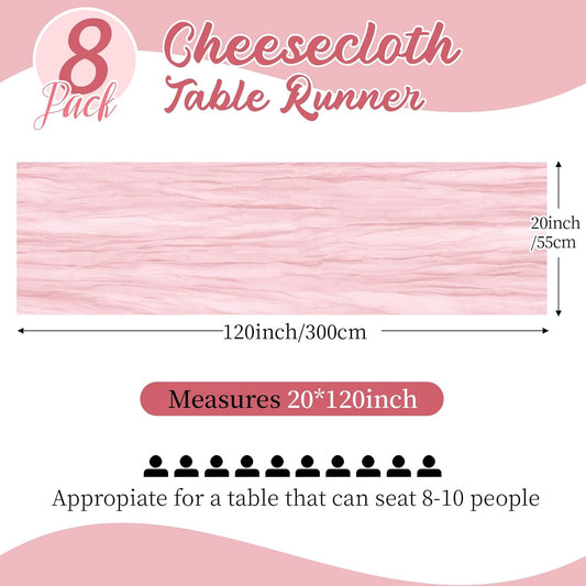 8 Pack Light Pink Cheesecloth Table Runners 20x120 Inch Gauze Table Runner Cheese Cloth 10FT Pink Table Runner Rustic Sheer Runner for Wedding Birthday Party Baby Shower Table Decor