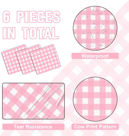 6 Pack Pink Gingham Table Runner, Pink and White Checkered Tablecloths 14 x 108 Inches Rectangular Waterproof Picnic Table Runner for Birthday Party Holiday Outdoor Supplies