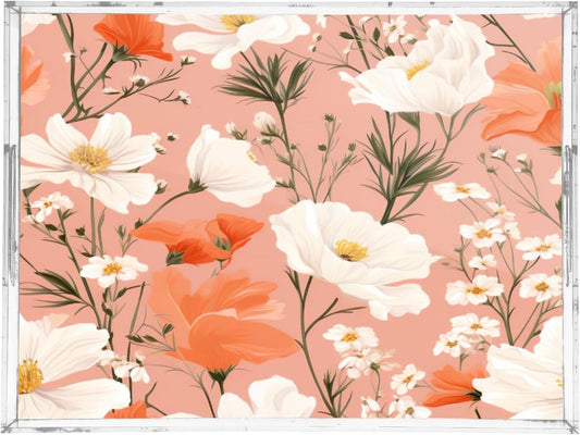 Spring Flowers Pink Serving Tray, Clear Acrylic Decorative Tray - Sturdy Huge Capacity Serving Platters/Kitchen Countertop Tray/Vanity Table Tray 12"x16"