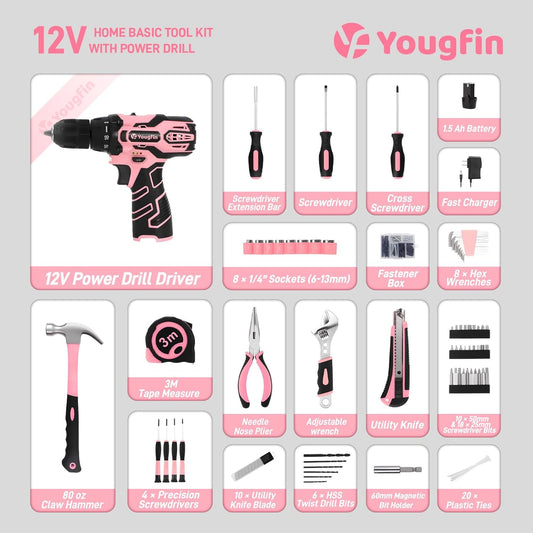12V Pink Cordless Drill Set 195PCS Hand Tool Combo Kit Small Compact Electric Screwdriver Set Portable Power for Home DIY&Repair Driver Machine with Battery & Charger Gift Box for Women