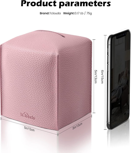 Tissue Box Cover for PU Leather, Modern Simple Solid Color Holder Square Tissue Bag, Ideal for Bathrooms,Office,Car,Nightstand,Outdoor Tent,Dining Table,5"X5"X5", Double Pink