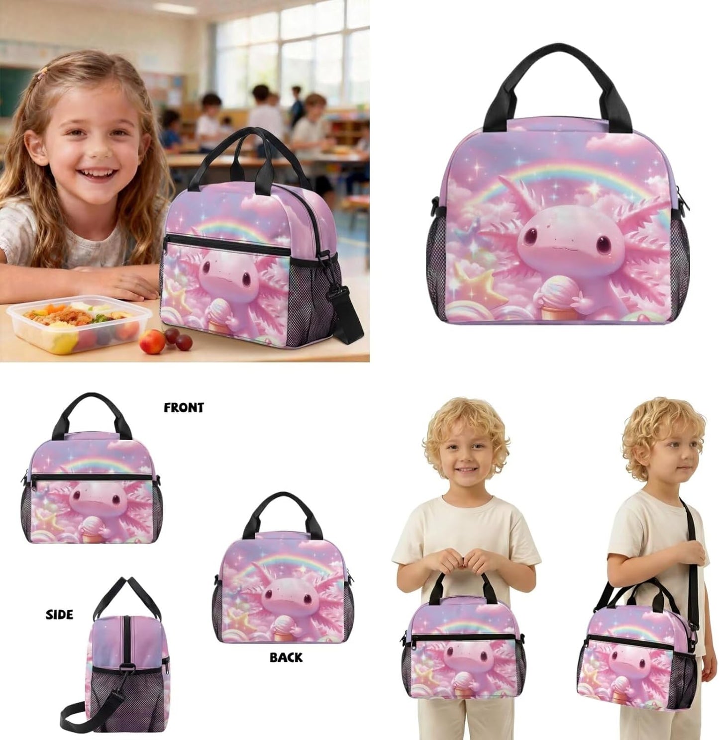 COEQINE Personalized Axolotl Toddler Girls Backpack with Lunch Box Set Mini School Bag for Girls 1st Grade with Water bottle Lightweight Diaper Bag Pink Rainbow Candy