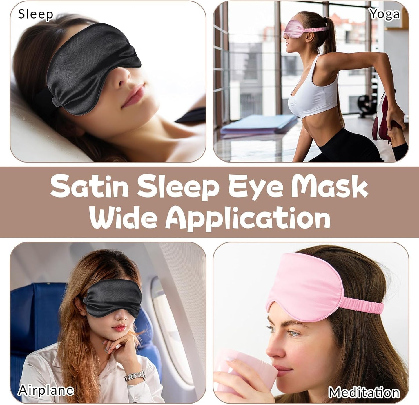 2 Pack Silk Sleep Mask Soft Blackout Eye Mask for Women Men Satin Blindfold with Elastic Strap Eye Sleep Shade Cover Travel Eyes Covers for Night Sleeping Travel Nap-Pink/Black