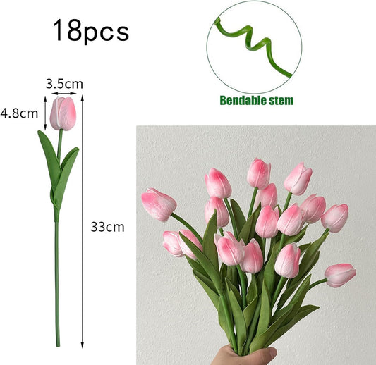 18pcs Artificial Tulips 13" PU Artificial Flowers for Family Friends Gifts DIY Flower Arrangement Home Kitchen Office Party Wedding Dining Table Decoration, Light Pink