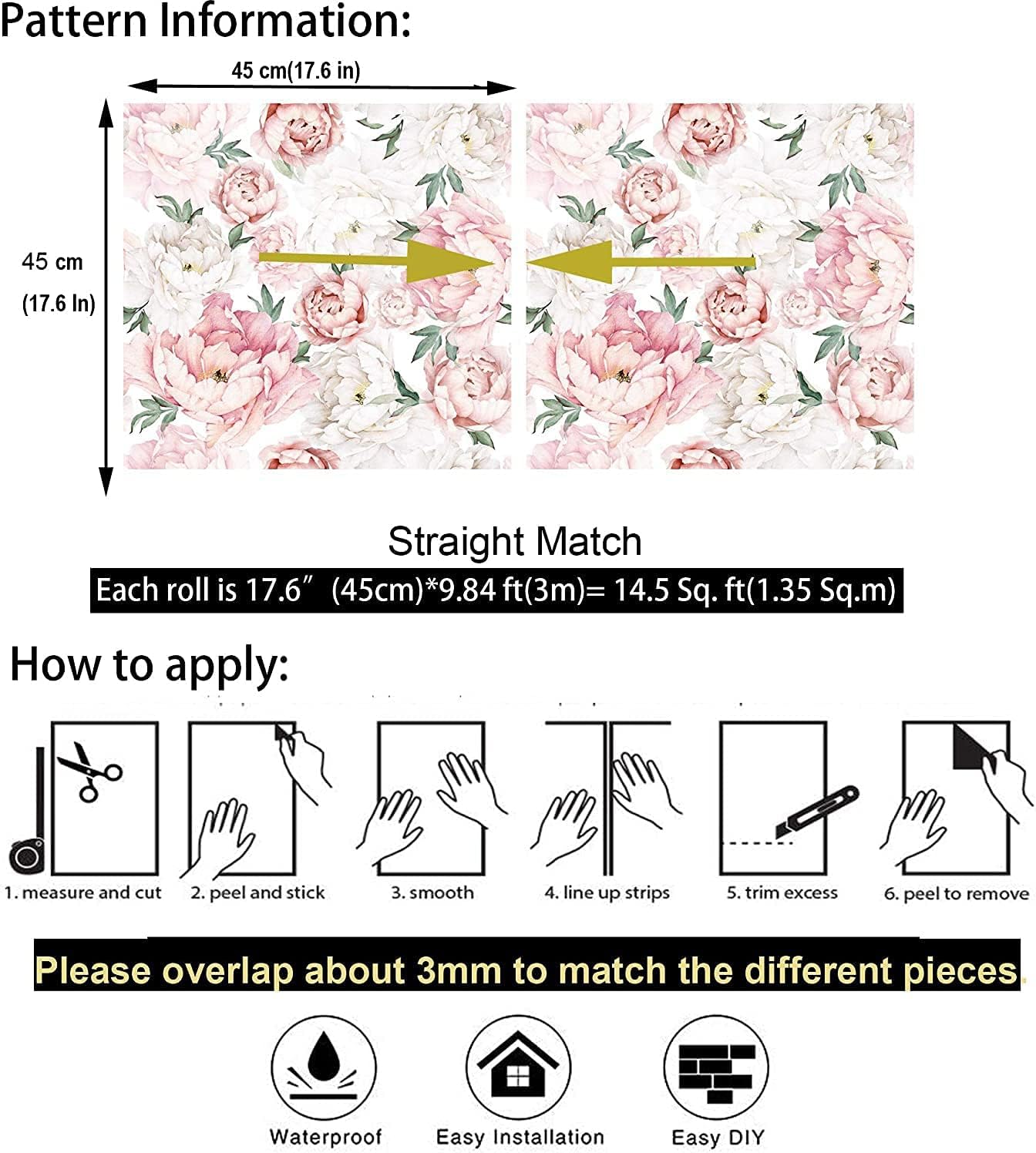 White Pink Peel and Stick Wallpaper Removable Fresh Peony Self-Adhesive Prepasted Wallpaper Waterproof Extra Thick Wall Mural 17.7in x 9.8ft