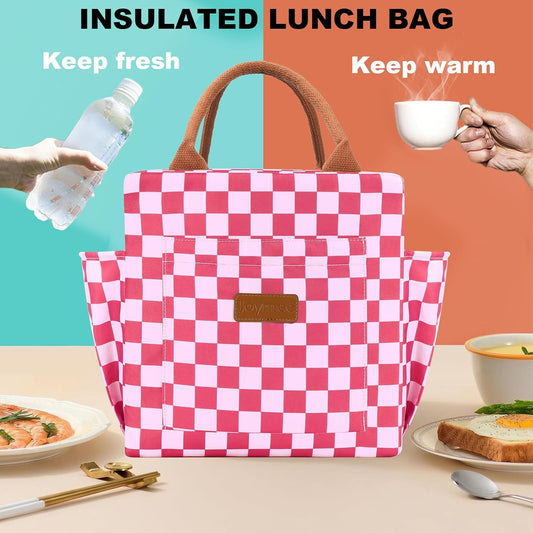 Joymee Lunch Bag Women, Reusable Leakproof Cooler Tote - Checker Pink | Spacious Storage, Bottle Holder & Pockets, Leakproof Insulated, for Work, Travel, Picnic, Daily Use, for Adult