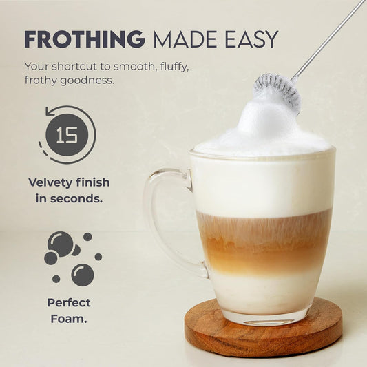 Zulay Kitchen Powerful Milk Frother AA Batteries Included โ Ultra Fast Handheld Drink Mixer with Stainless Steel Whisk Stirrer for Coffee, Protein, Matcha & More, Frother Wand Electric Frothmate