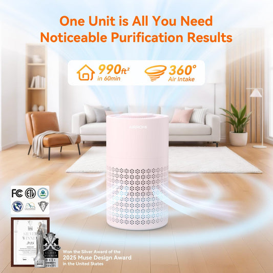 AIRROMI Air Purifier for Bedroom with HEPA 3-in-1 Filter, Pet Air Purifier for Home Cat Pee Smell, Covers Upto 990 Ft², Quiet 360° intake Air Cleaner for pet hair,allergies,Dust,Smoke A2001 Pink