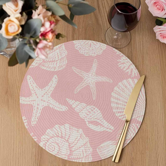 Round Placemats Set of 4 Shell Starfish Place Mats Washable Woven Placemat Peach Pink Coastal Coral Conch Circle Braided Table Mat for Kitchen Dining Table Party Home Decor 15 Inch