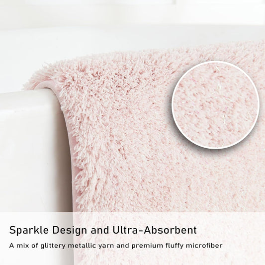 Douceur Sparkle Bath Mats for Bathroom Non Slip 32" X 20", Super Soft Microfiber Pink Bathroom Rugs Washable, Fluffy Absorbent Bath Rugs, Quick Dry Shower Mat Gifts, Pink and White