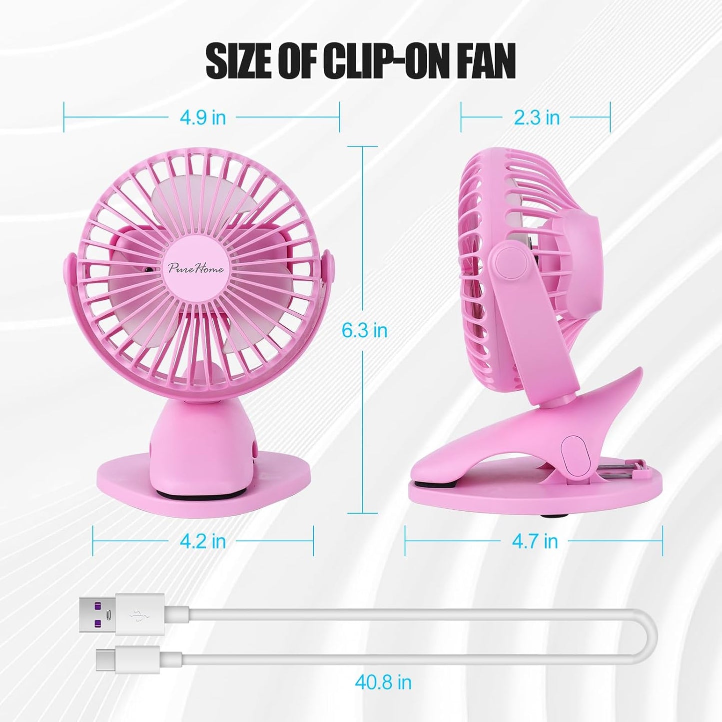 PureHome Portable Clip Fan Battery Operated,3 Speeds USB Rechargeable Mini Table Fan with Strong Airflow,360°Rotation Ultra Quiet Personal Desk Fan for Home Office Bedroom Dorm Stroller Camping- Pink