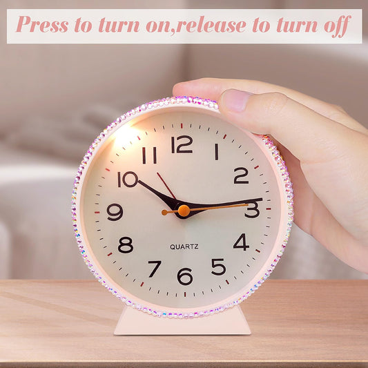 Shiny 4.5" Analog Alarm Clock,Bling Small Silent Retro Desk Clock,Metal Glitter Clock Table Decor for Living Room, Bedroom, Bedside, Shelf (Pink)