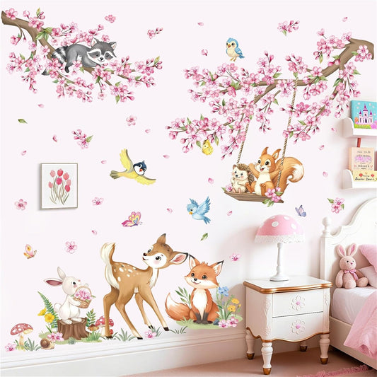 decalmile Woodland Animals Pink Flower Wall Stickers Cherry Blossom Branch Deer Fox Wall Decals Baby Nursery Kids Bedroom Living Room Home Decor