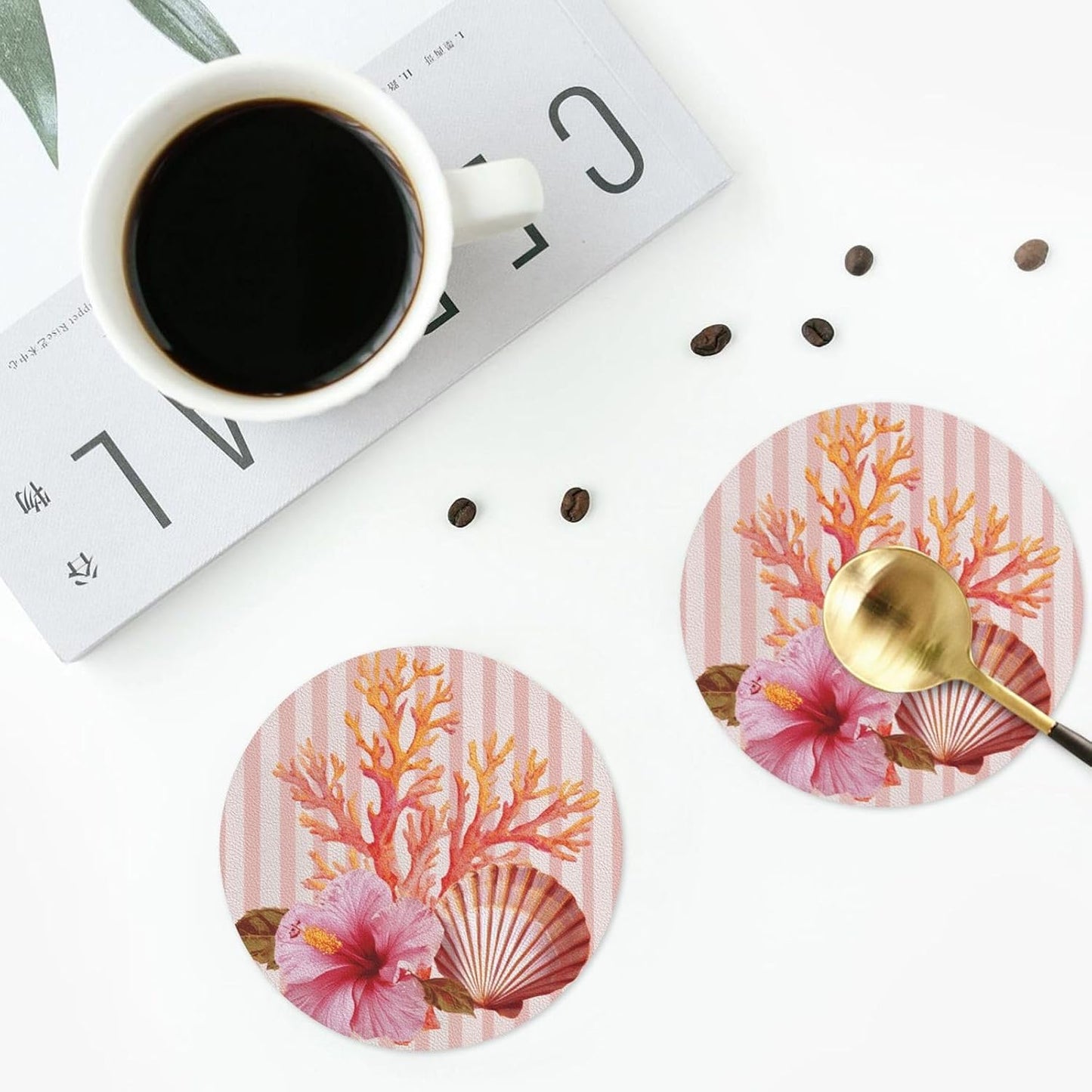 Light Pink Scallop Shell Hibiscus Flower Drinks Coasters Set of 4 Leather Drink Coasters for Tabletop Protection Heat Resistant Bar Cup Mat Pad