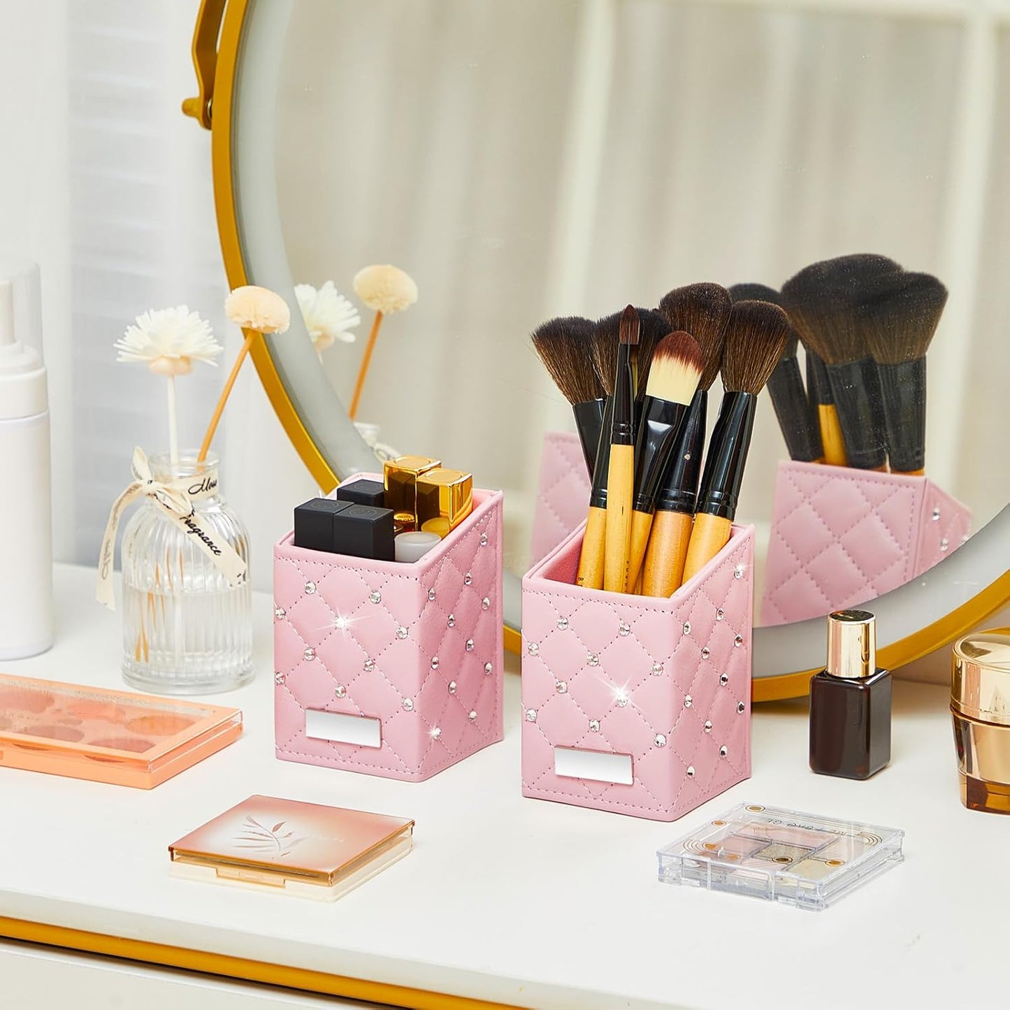 ReliThick 2 Pcs Pink Makeup Brush Holder, Crystal Bling PU Leather Vanity Organizer, Waterproof Glitter Cosmetic Brush Cup for Dresser Countertop Decor Gift for Women