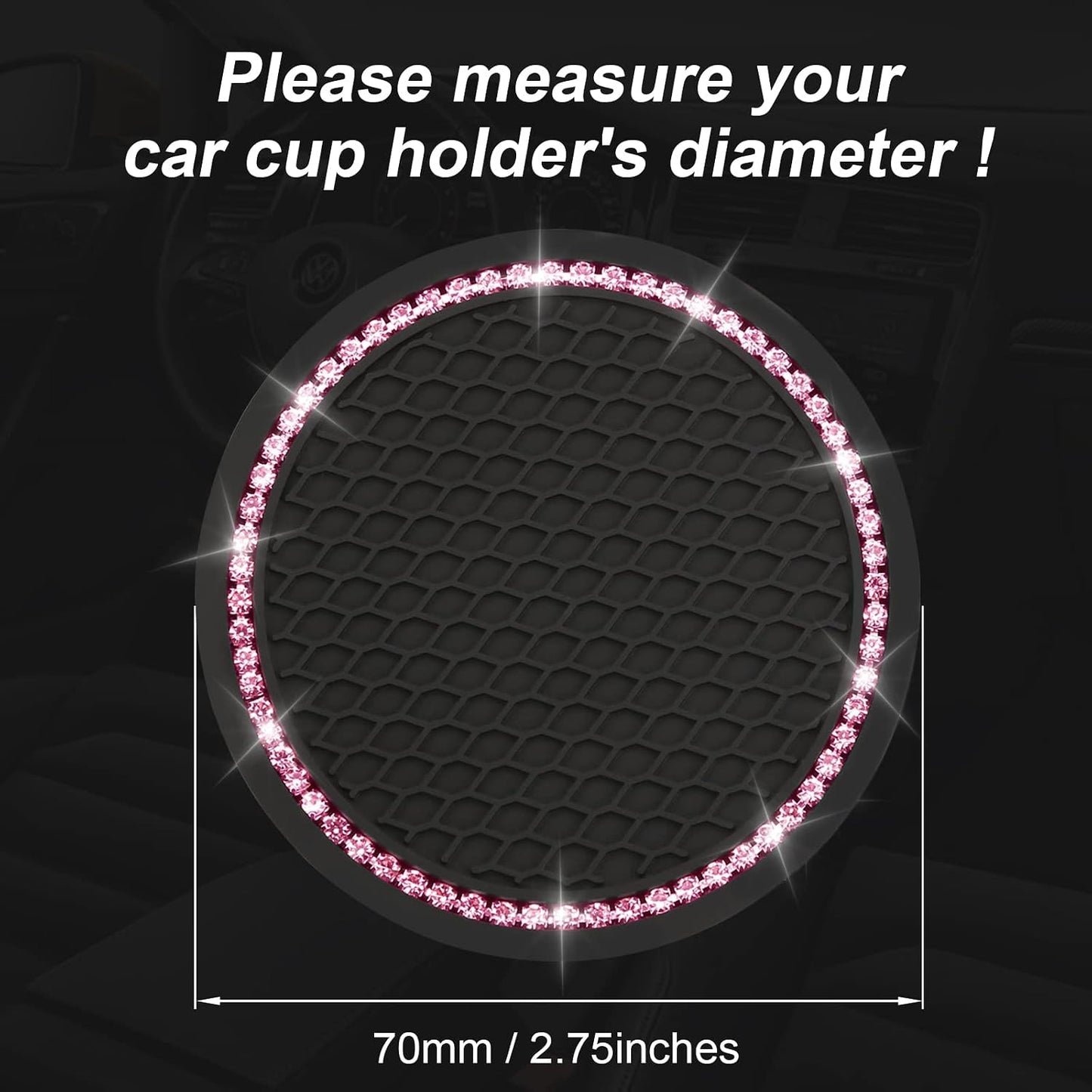 Yousheng 2PCS Bling Car Cup Coaster, Universal Holder Insert Rhinestone Anti Slip Silicone Accessories Suitable for Most Interior, Best Gift Women, Black and Pink