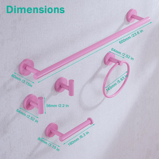 Pink Bathroom Hardware Set,5 Pieces Bathroom Towel Bar Set,24 inch Towel Bar,Towel Ring for Bathroom,Robe Towel Hooks,Toilet Paper Holder Wall Mounted(Drilling),SE96006S-5PK