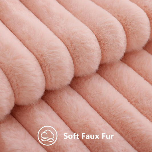 decorUhome Summer Cozy Faux Fur Throw Pillow Covers 18x18 Set of 2 Decorative Plush Striped Modern Farmhouse Boho Couch Pillow Cases with Velvet Back for Sofa Bed Living Room, Blush Pink