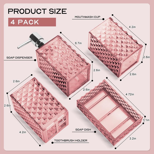 Bathroom Accessory Set, Grid Pattern 4 Pcs Plastic Bathroom Set Include Soap Dispenser, Soap Dish, Toothbrush Holder, Mousewash Cup, Modern Bahtroom Dรฉcor Set(Pink)