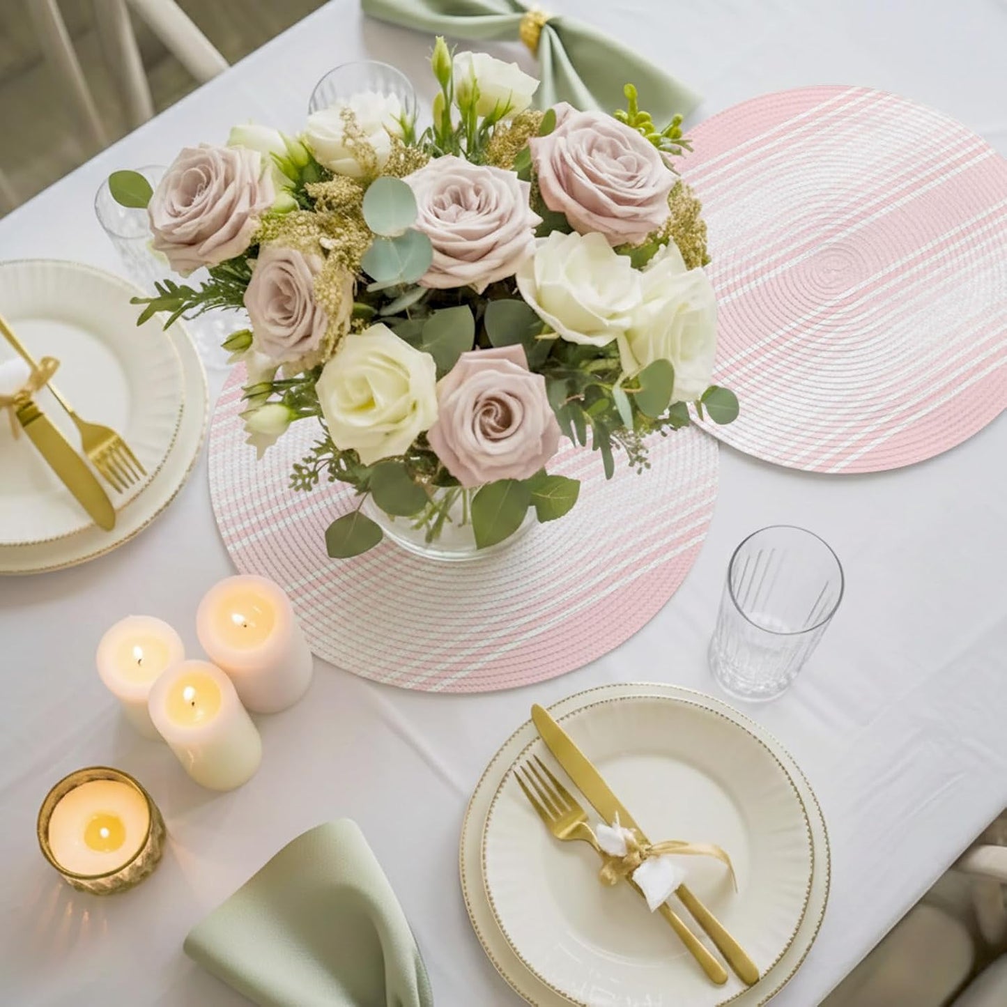 Pink Striped Round Placemats Set of 4 Pink Ombre Farmhouse Stripes Place Mats Indoor Woven Table Mats Washable Heat-Resistance Braided Dining Table Placemats for Kitchen Holiday Party Decor 15 Inch