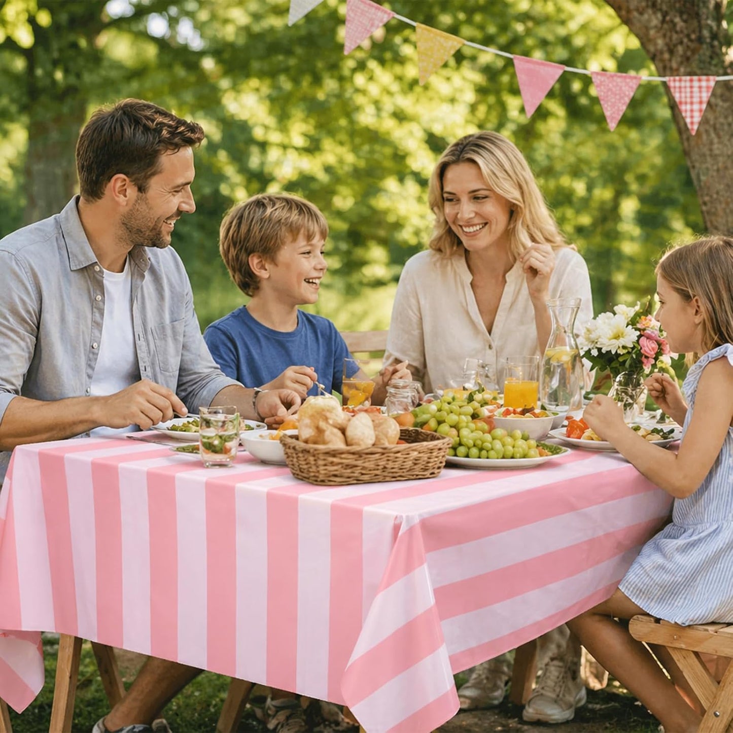 3 Packs Pink and White Striped Tablecloths 54 x 108 Inch Disposable Waterproof Plastic Table Covers Vertical Pink Striped Tablecloths for Birthday Party Baby Shower Wedding Outdoor Picnic