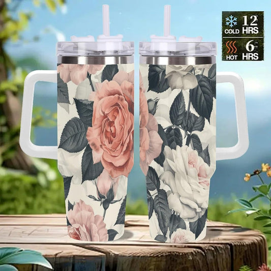 40oz Tumbler with Handle, Peach And White Rose Pattern Printed Stainless Steel Travel Mug, Insulated Car Cup with Straw, Keeps Drinks Hot & Cold, Personalized Gift for Women & Men