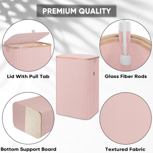 BALEINE Laundry Hamper with Lid, Tall Laundry Baskets with Bamboo Pull Handles, Large Laundry Bin with Internal Support (18 Gal/70L, Pink)