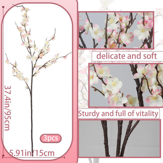 3 Pcs Cherry Blossom Branches Artificial Flowers for Spring Indoor Decoration Pink Faux Spring Flowers Stems 37'' Cherry Blossom Tree Decor with Long Stems for Tall Vases Arrangements Table