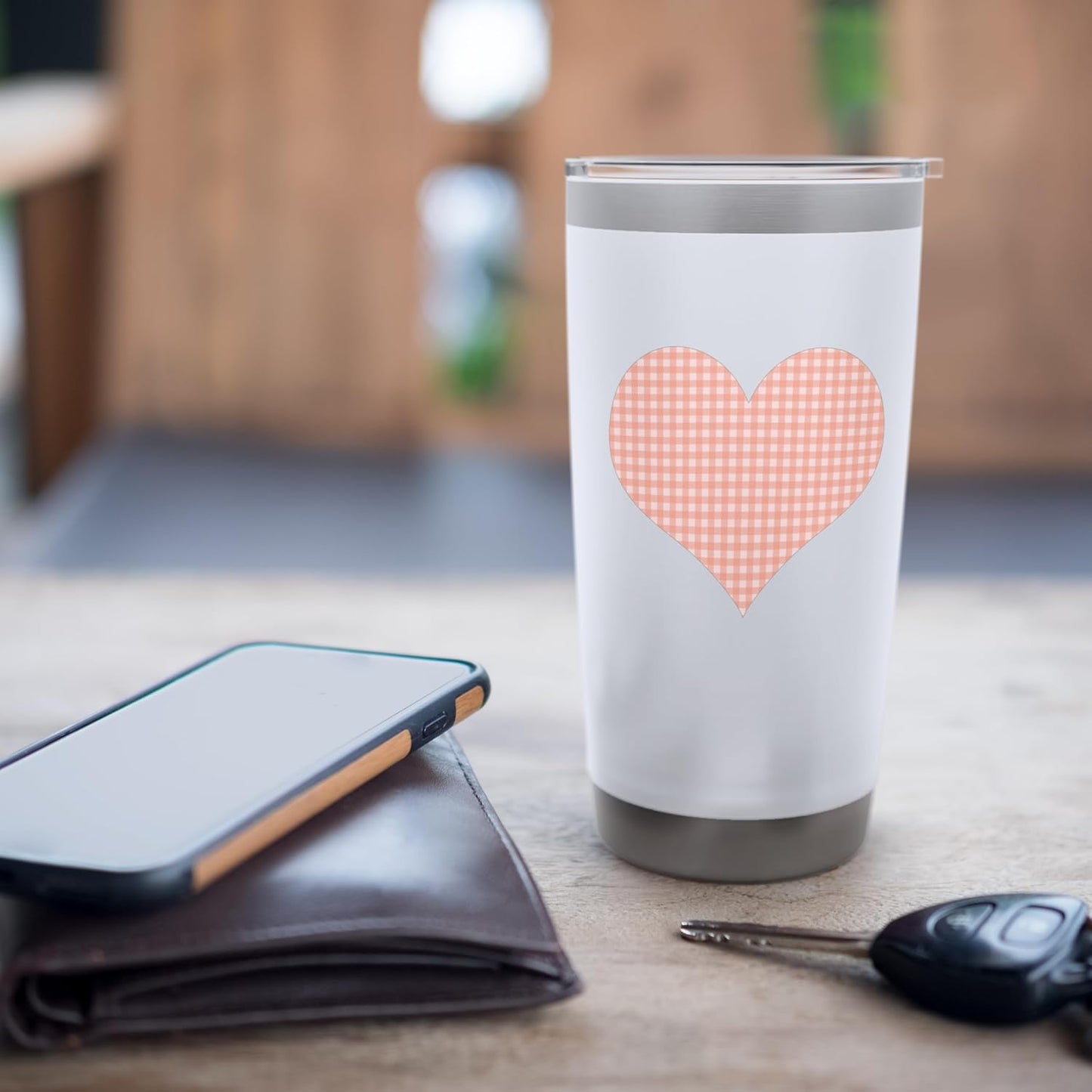 Cute Coral Peach Gingham Check Plaid Checkered Pattern Stainless Steel Insulated Tumbler