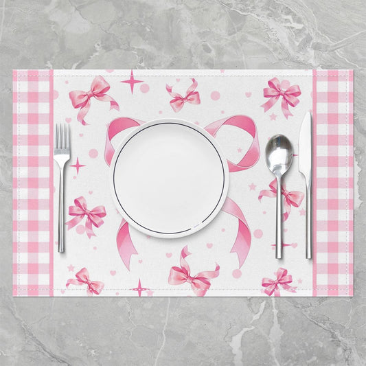 Feelyou Pink Bow Placemats Set of 4 12x18 Inch Plaid Table Mats for Party Kitchen Dining Decoration Holiday Seasonal Gird Bowknot Place Mat for Dinner Table Indoor Non-Slip Washable Coquette Decor