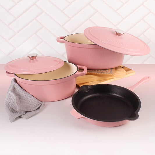 BergHOFF Neo 5Pc Enameled Cast Iron Cookware Set, 5qt., 8qt. Dutch Ovens, Matching Lids, Fry Pan 10 Inches, Fast, Evenly Heat, Oven Safe (Pink)
