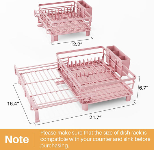 SNTD Dish Drying Rack - Extendable Dish Rack, Large Sink Drying Dish Drainer for Kitchen Counter, Stainless Steel Dish Strainer with Utensil Holder (Pink)