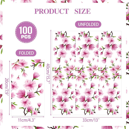 100 Pcs Pink Magnolia Flower Disposable Napkins Watercolor Blossom Paper Napkins, 3-Ply Decorative Napkins for Summer Weddings Bridal Showers & Home Table Decor