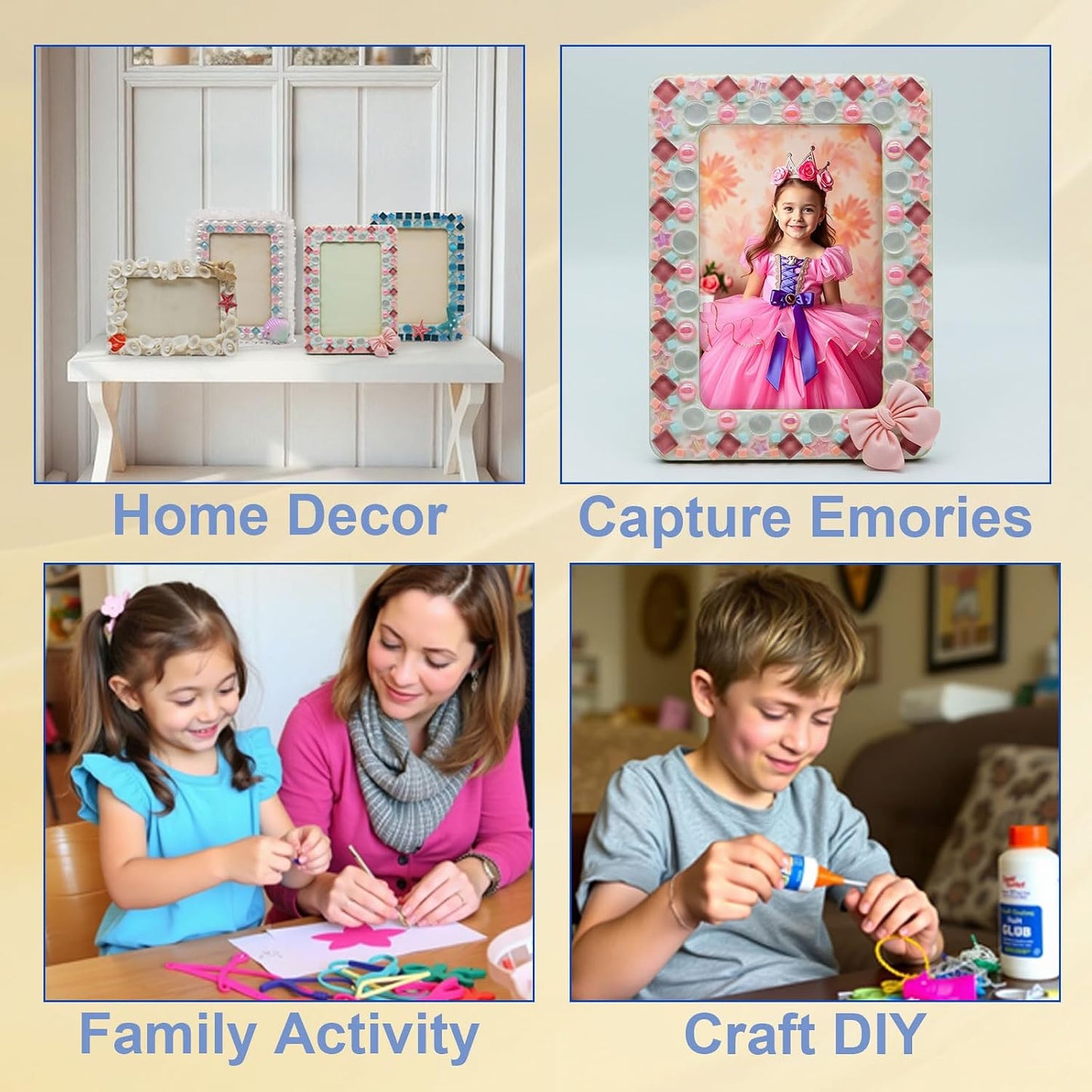 Fenzonmic DIY Photo Frame Craft Kit: Mosaic, Buttons, Stars & Bows, Customizable 4x6 Inch Wood Frame for Family Activity, Home Decor Gifts (Pink)