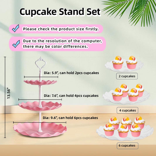 RAUVOLFIA 5 Pcs Dessert Stand Set, 2X Small 3 Tiers White Plastic Cupcake Stand Holder & 3X Rectangle Party Serving Trays/Platters for Wedding Birthday Baby Shower Tea Party Buffet (Pink)