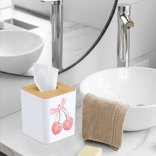 Girly Cherry Tissue Box Cover - Cute Coquette Pink Bow Cherry Square Facial Tissue Box Holder Dispenser for Home Decor, 5x5x5.5 Inch