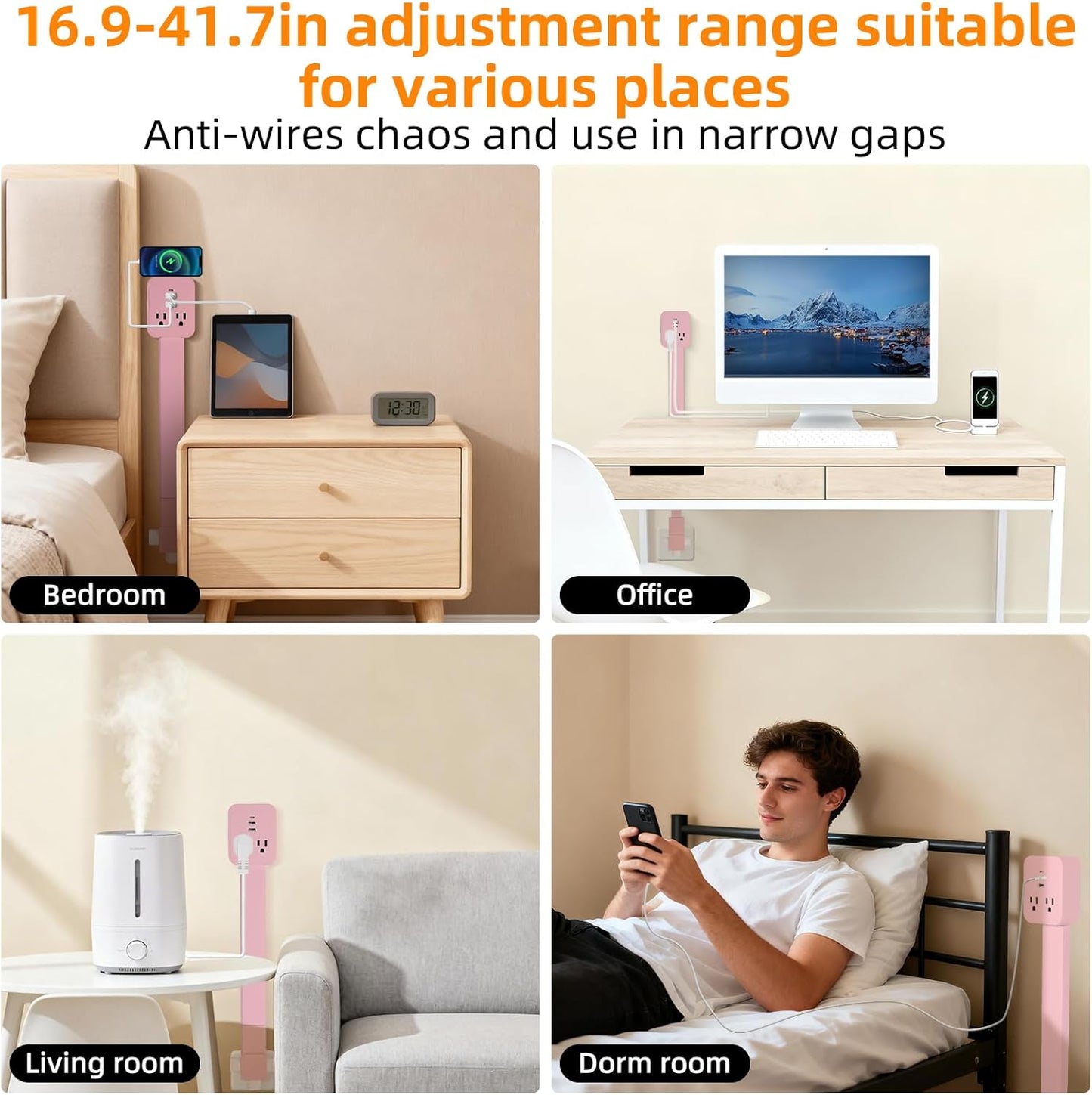 Outlet Extender 17-41in,Upgrade Stable USB-A&USB-C Wall Outlet Extender Made of Fireproof Material,Wall Plug Extender Anti-Wires-Chaos,with 4 Fixed Angles Suit for Outlet Behind Desk, Sofa(Pink)