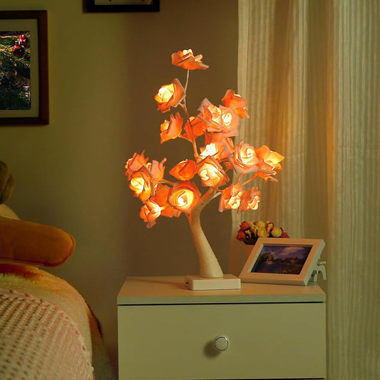iKenta 18" Tree Table Lamp 24 Pink Artificial Flower Rose,Wedding Light Home Decor Bedside Night Light Battery Powered Pink Table Lamp for Girl Women, Mother's Day, Valentine's Day, Birthday Present