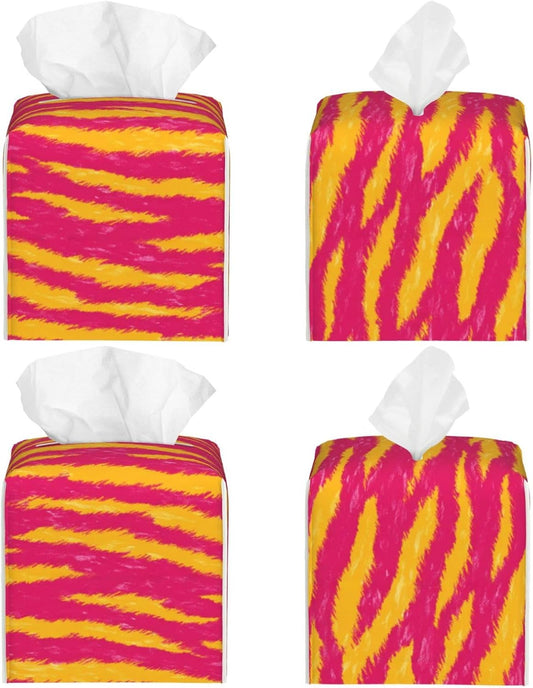 Neon Pink and Yellow Tiger Stripe Pattern Tissue Box Cover Square Pu Leather Waterproof Tissue Box Holder for Car Bathroom Bedroom Office Tabletop Decor