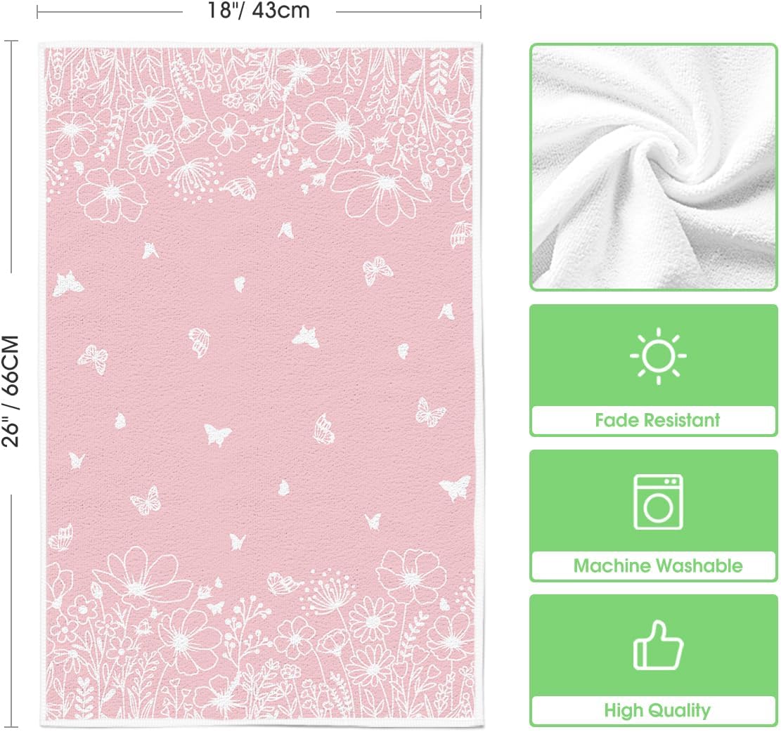 Artoid Mode Pink Butterfly Floral Spring Kitchen Towels Dish Towels, 18x26 Inch Farmhouse Summer Decoration Cleaning Set of 2