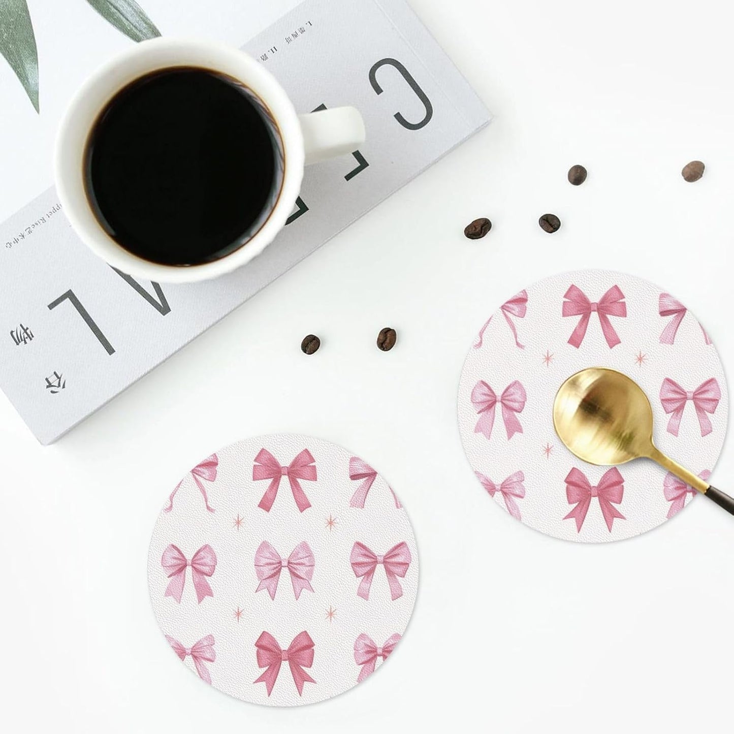Nine Light Pink Bows Drinks Coasters Set of 4 Leather Drink Coasters for Tabletop Protection Heat Resistant Bar Cup Mat Pad