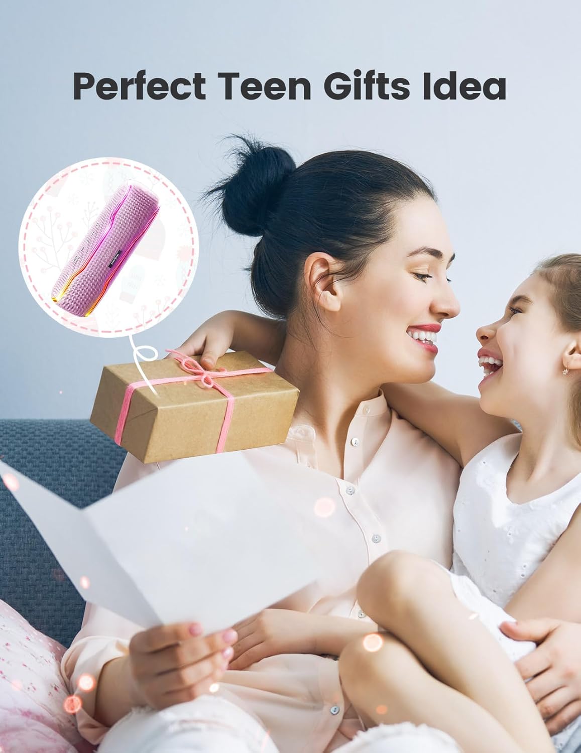 ERKEI SEHN Bluetooth Speaker, IPX7 Waterproof Wireless Speakers, Flashing Light, 25W Super Bass, 24H Playtime, Graduation Birthday Gifts for Him, TWS Pairing, Beach Essentials, Pink