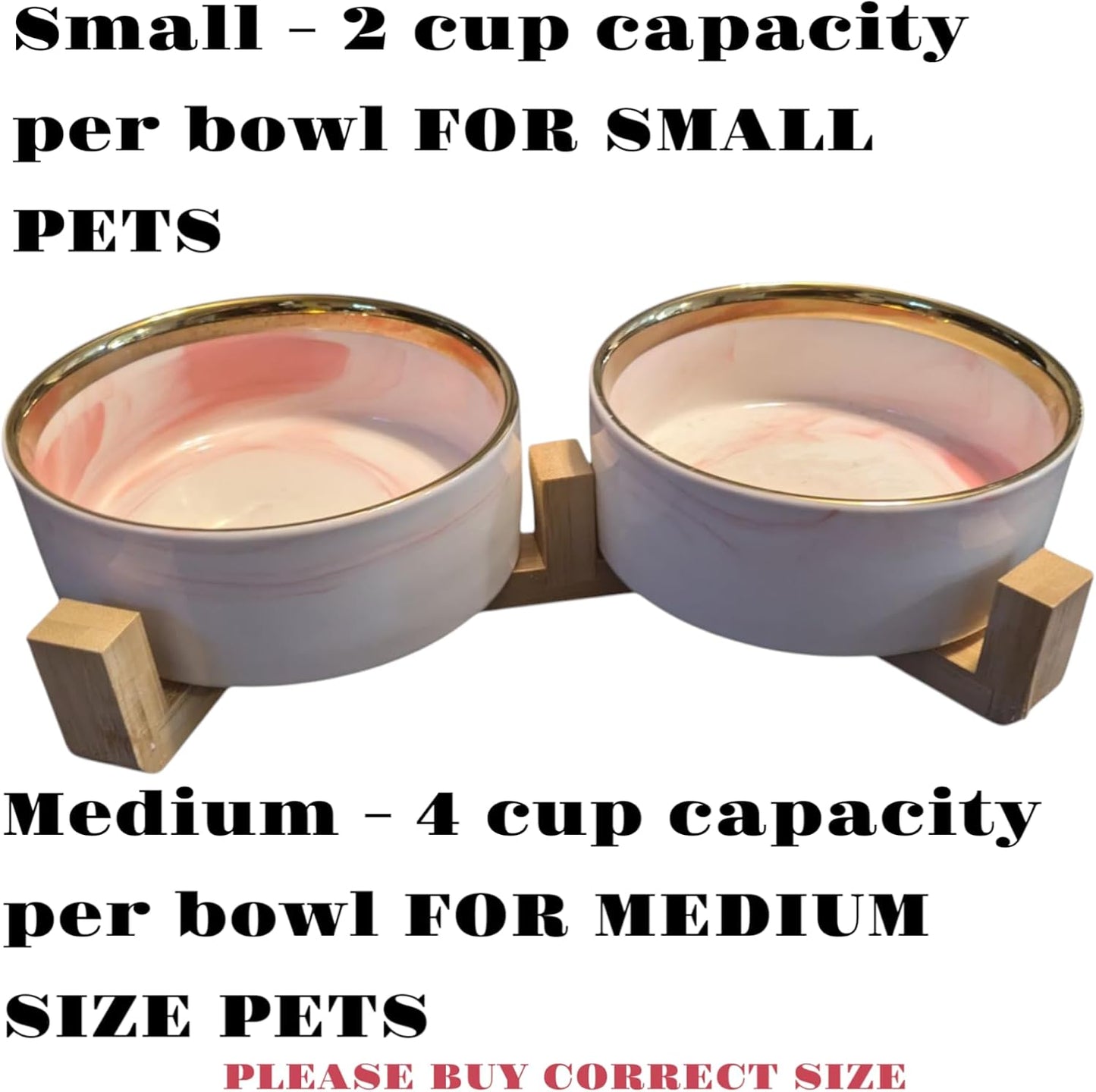 Ceramic Pet Bowl (Marble Design) Set of 2 with Stand, 2cups and 4 Cups Capacity (Marble Pink w/Gold, Small, 2 Cups per Bowl)