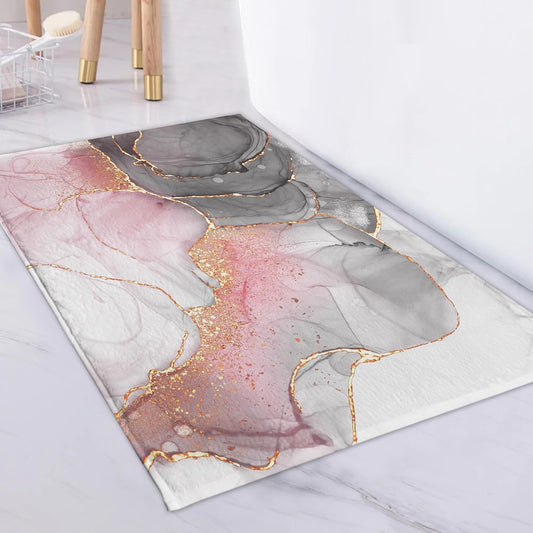 LB Grey Texture Bath Mat for Bathroom, Pink and Black Marble Texture Modern Abstract Bathroom Rug, Black and White Non Slip Absorbent Bathroom Mat Doormat, 24x16 Inch