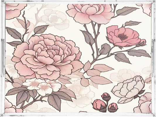 Vintage Pink Floral Serving Tray Acrylic Decorative Trays 16" x 12" Serving Platter with Handles for Coffee Table, Dessert Party, Bathroom Vanity Countertop
