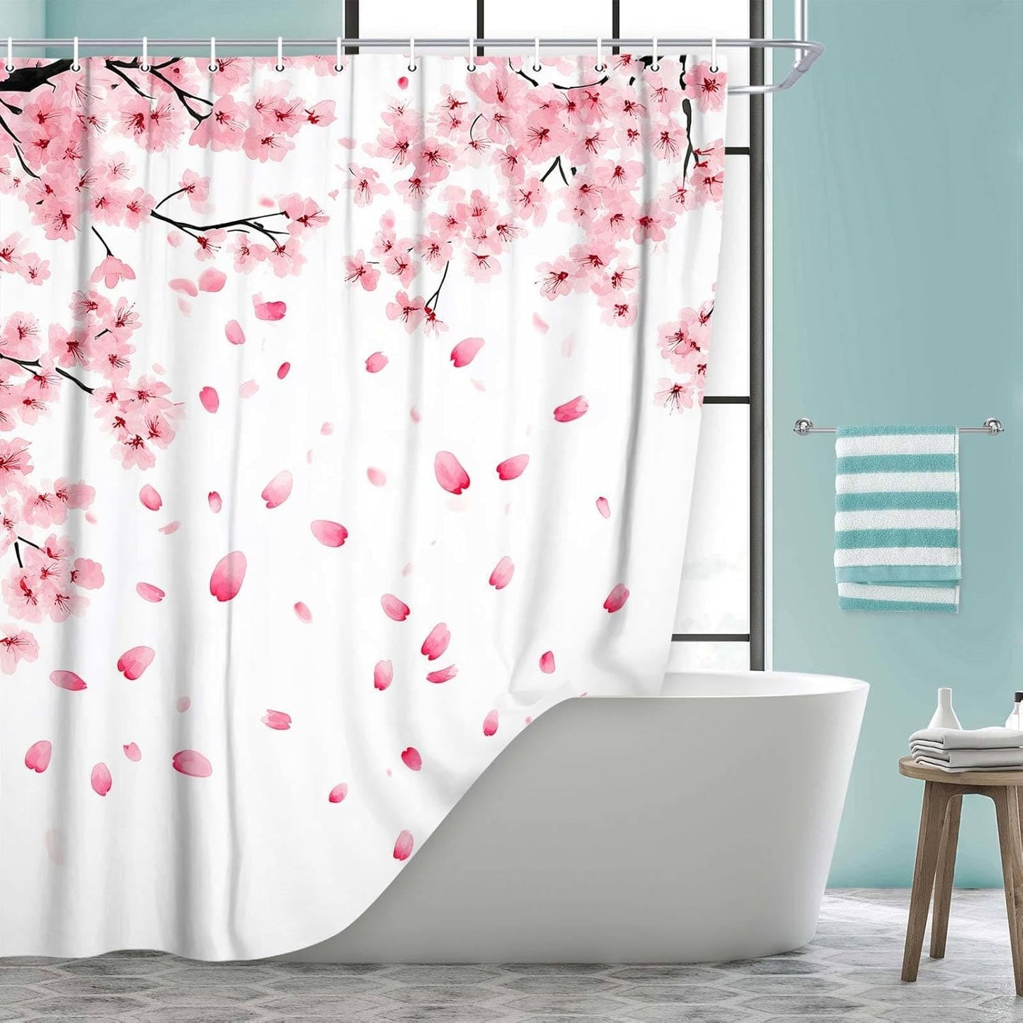 Pink Cherry Blossom Shower Curtain, Floral Blooming Plum Asian Floral Japanese Sakura Shower Curtain for Bathroom Decor, Waterproof Polyester Fabric Bath Curtain with 12 Hooks, 60x70